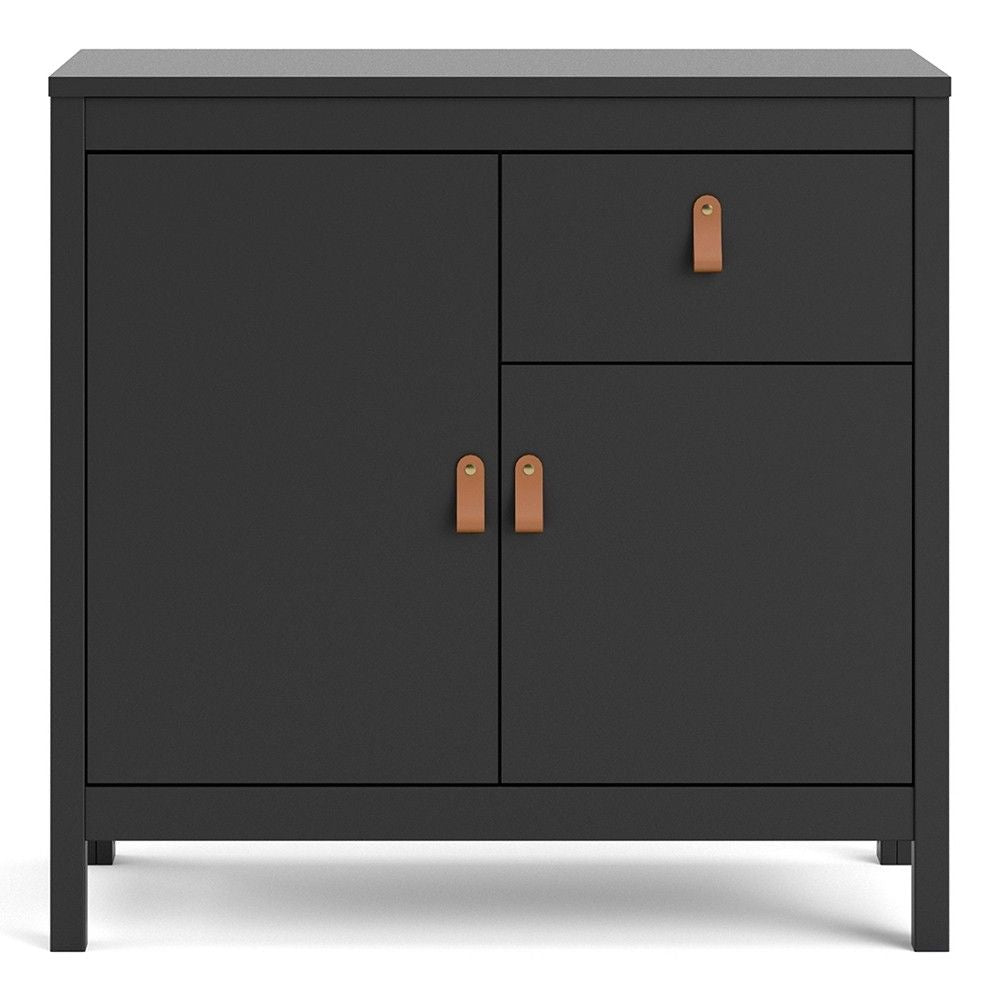 Matt Black 2 Door 1 Drawer Sideboard With Brown Leather Tab Handles