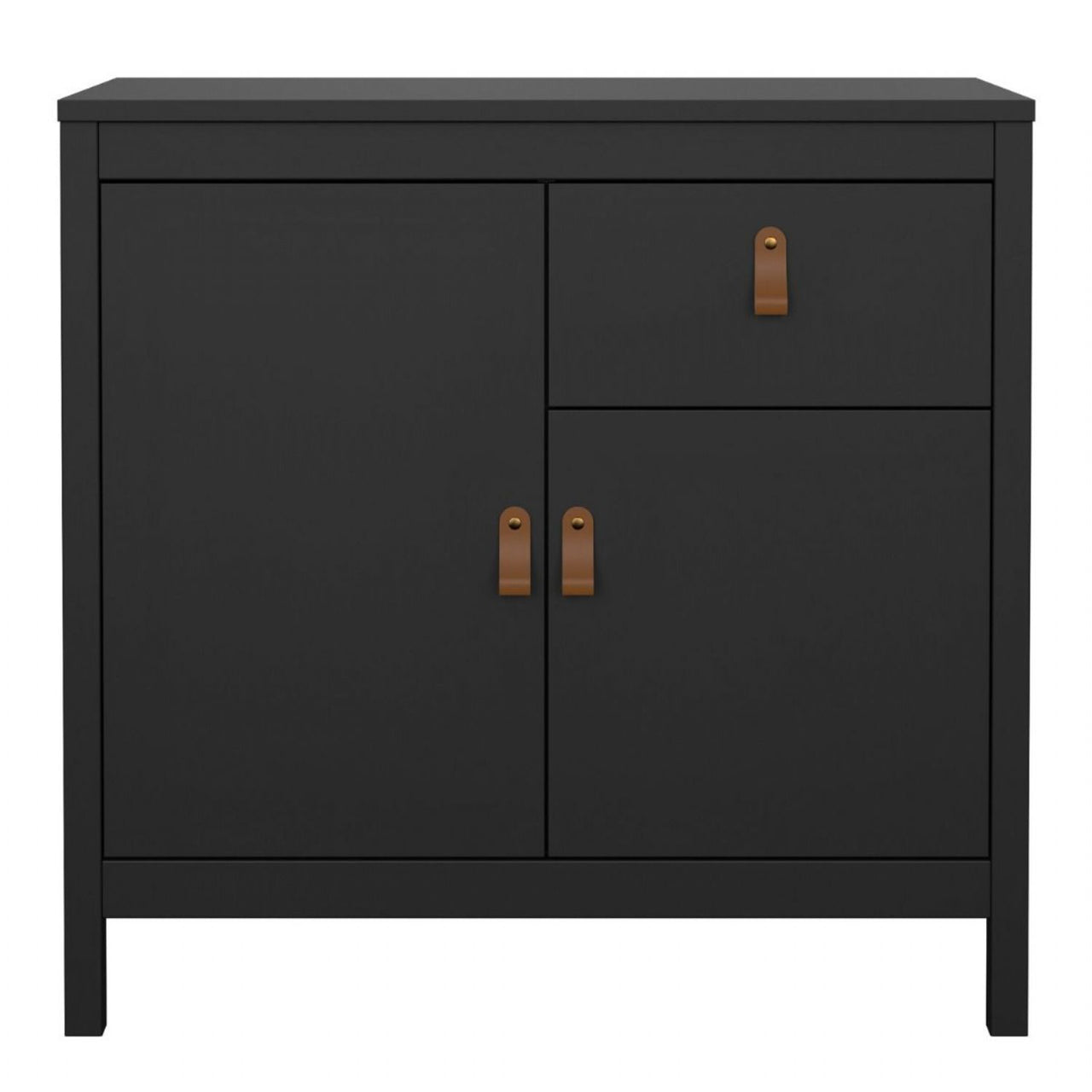 Matt Black 2 Door 1 Drawer Sideboard With Brown Leather Tab Handles