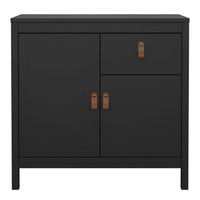 Thumbnail for Matt Black 2 Door 1 Drawer Sideboard With Brown Leather Tab Handles