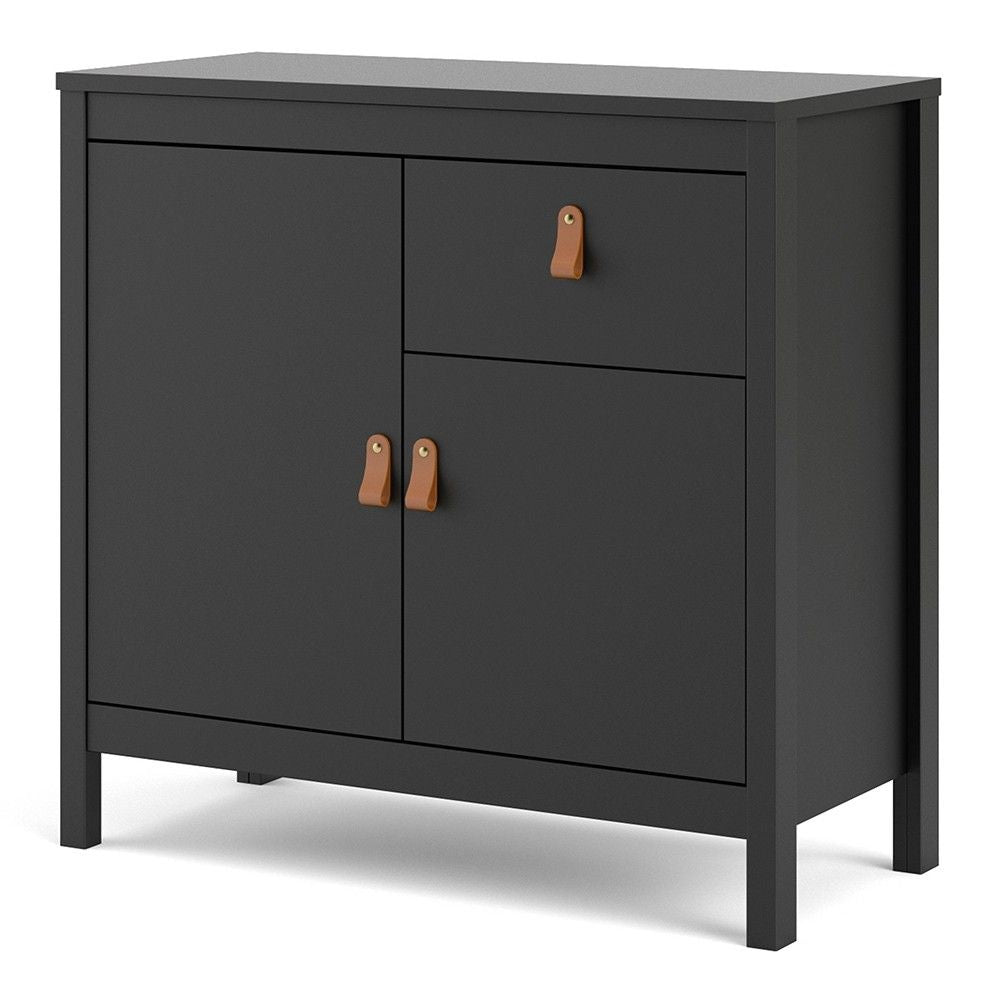 Matt Black 2 Door 1 Drawer Sideboard With Brown Leather Tab Handles