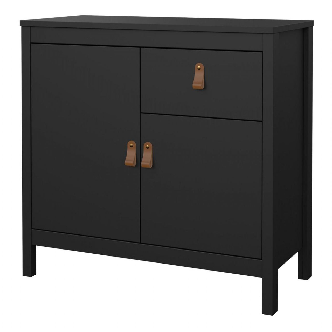 Matt Black 2 Door 1 Drawer Sideboard With Brown Leather Tab Handles