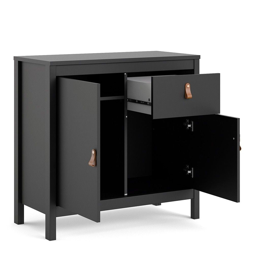 Matt Black 2 Door 1 Drawer Sideboard With Brown Leather Tab Handles