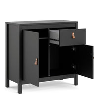 Thumbnail for Matt Black 2 Door 1 Drawer Sideboard With Brown Leather Tab Handles