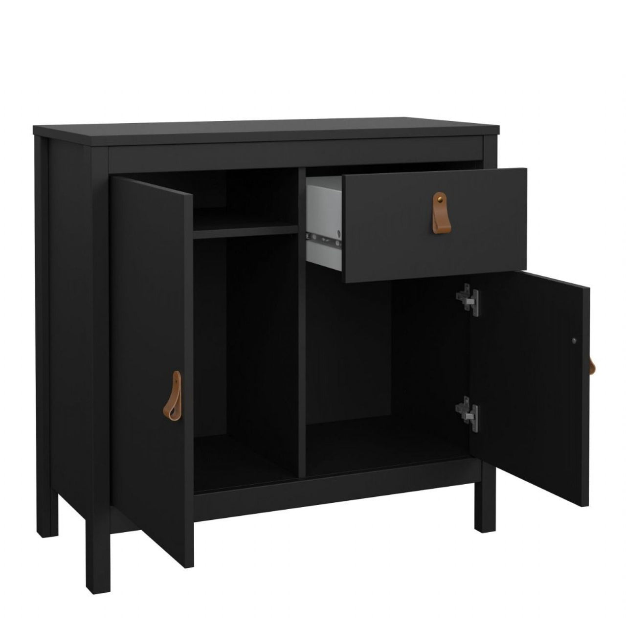 Matt Black 2 Door 1 Drawer Sideboard With Brown Leather Tab Handles