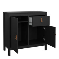 Thumbnail for Matt Black 2 Door 1 Drawer Sideboard With Brown Leather Tab Handles