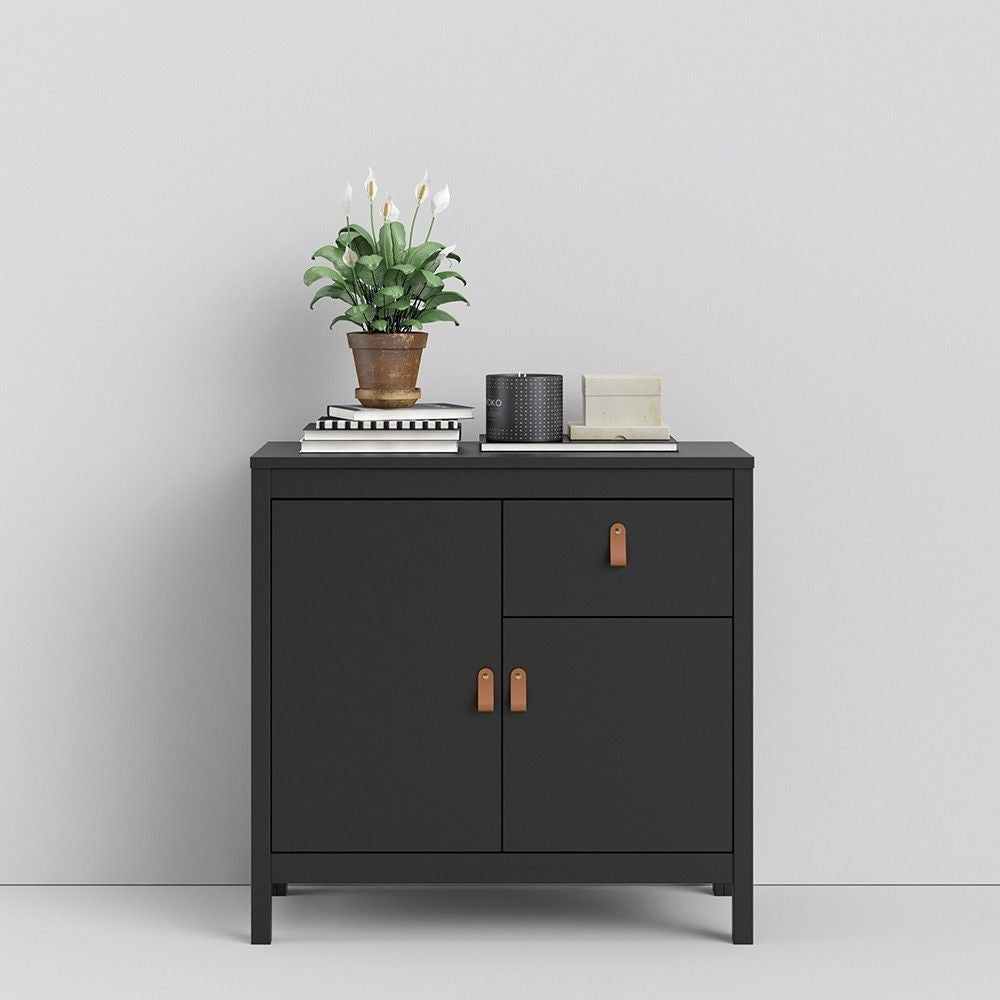 Matt Black 2 Door 1 Drawer Sideboard With Brown Leather Tab Handles