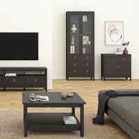 Thumbnail for Matt Black 2 Door 1 Drawer Sideboard With Brown Leather Tab Handles