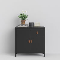 Thumbnail for Matt Black 2 Door 1 Drawer Sideboard With Brown Leather Tab Handles