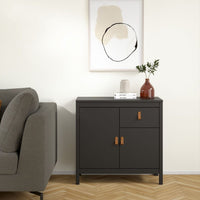 Thumbnail for Matt Black 2 Door 1 Drawer Sideboard With Brown Leather Tab Handles