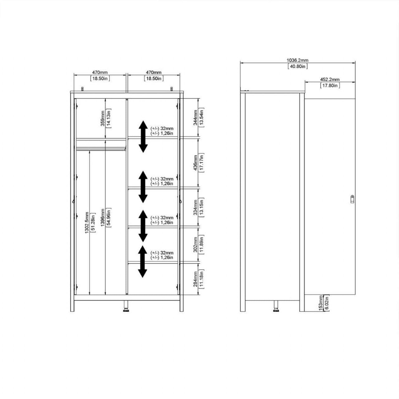 Matt Black 2 Door Double Wardrobe Brown Leather Tab Handles