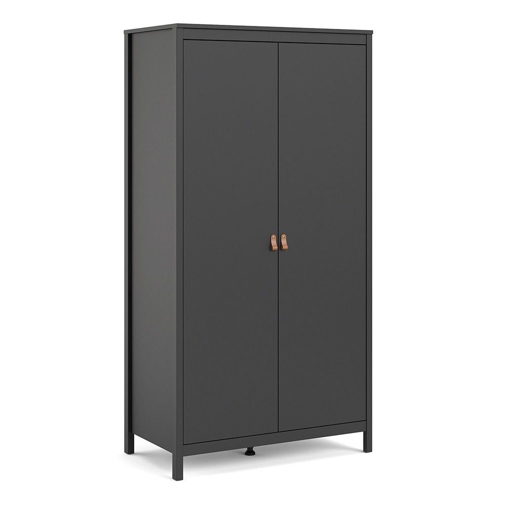 Matt Black 2 Door Double Wardrobe Brown Leather Tab Handles