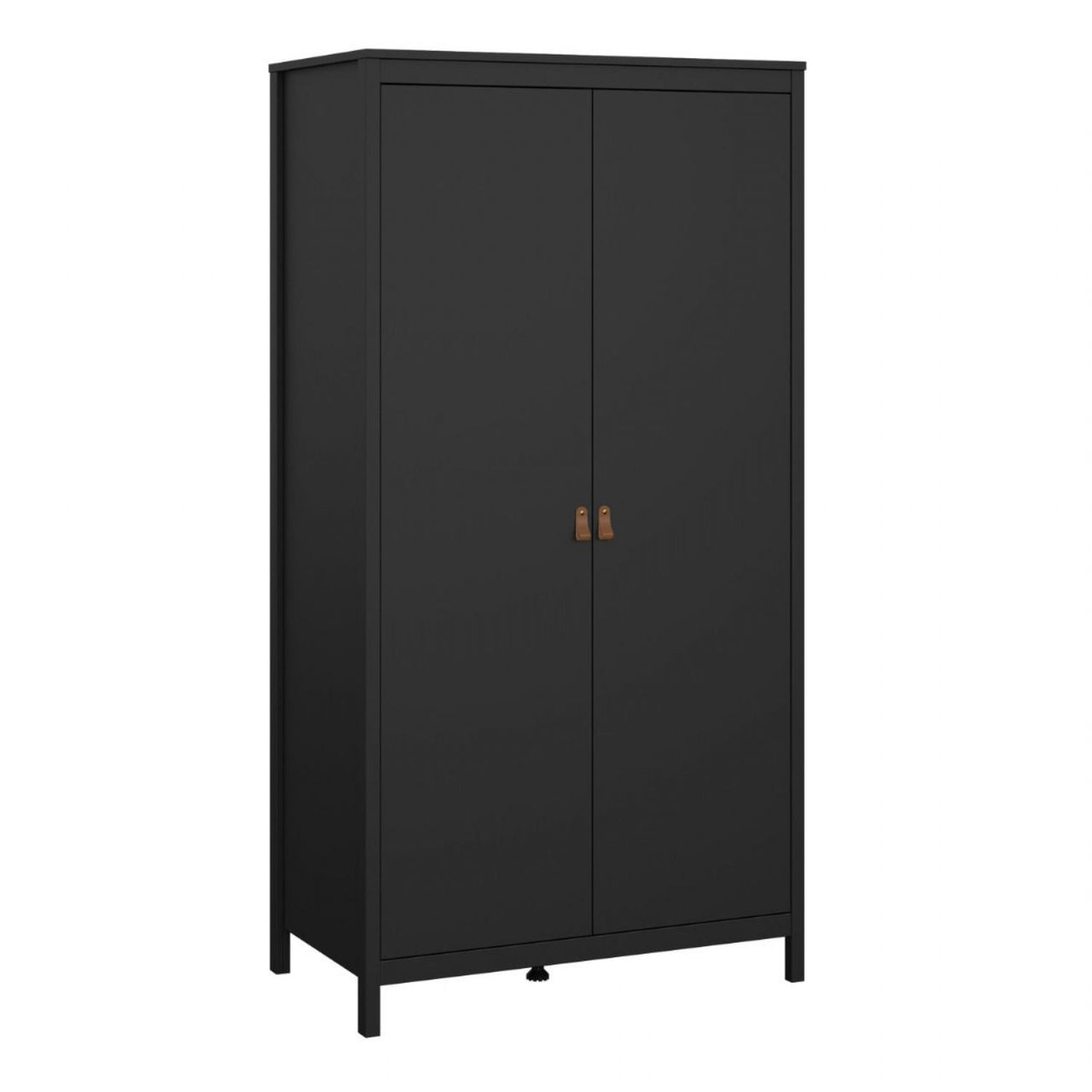 Matt Black 2 Door Double Wardrobe Brown Leather Tab Handles