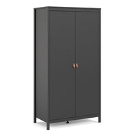 Thumbnail for Matt Black 2 Door Double Wardrobe Brown Leather Tab Handles