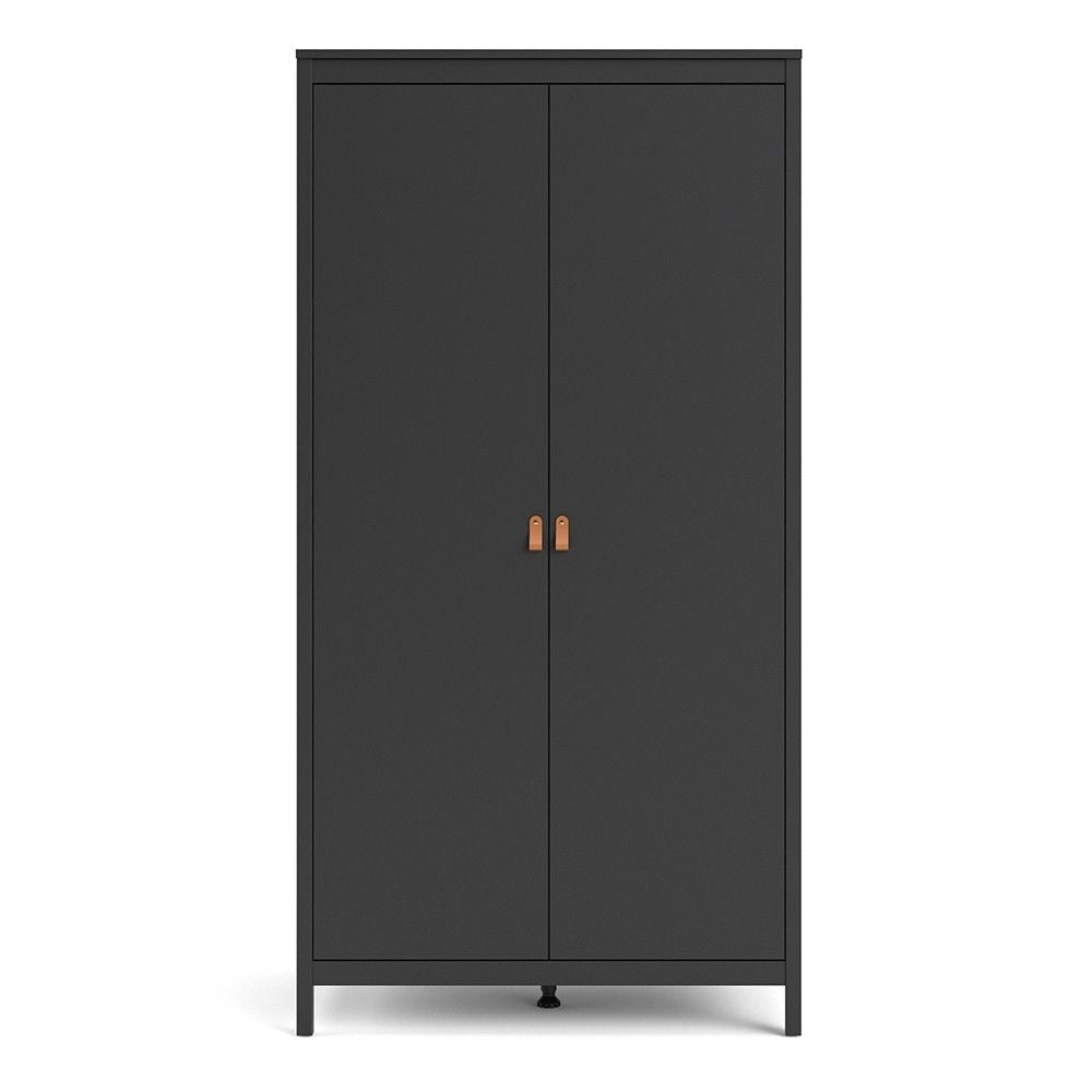 Matt Black 2 Door Double Wardrobe Brown Leather Tab Handles