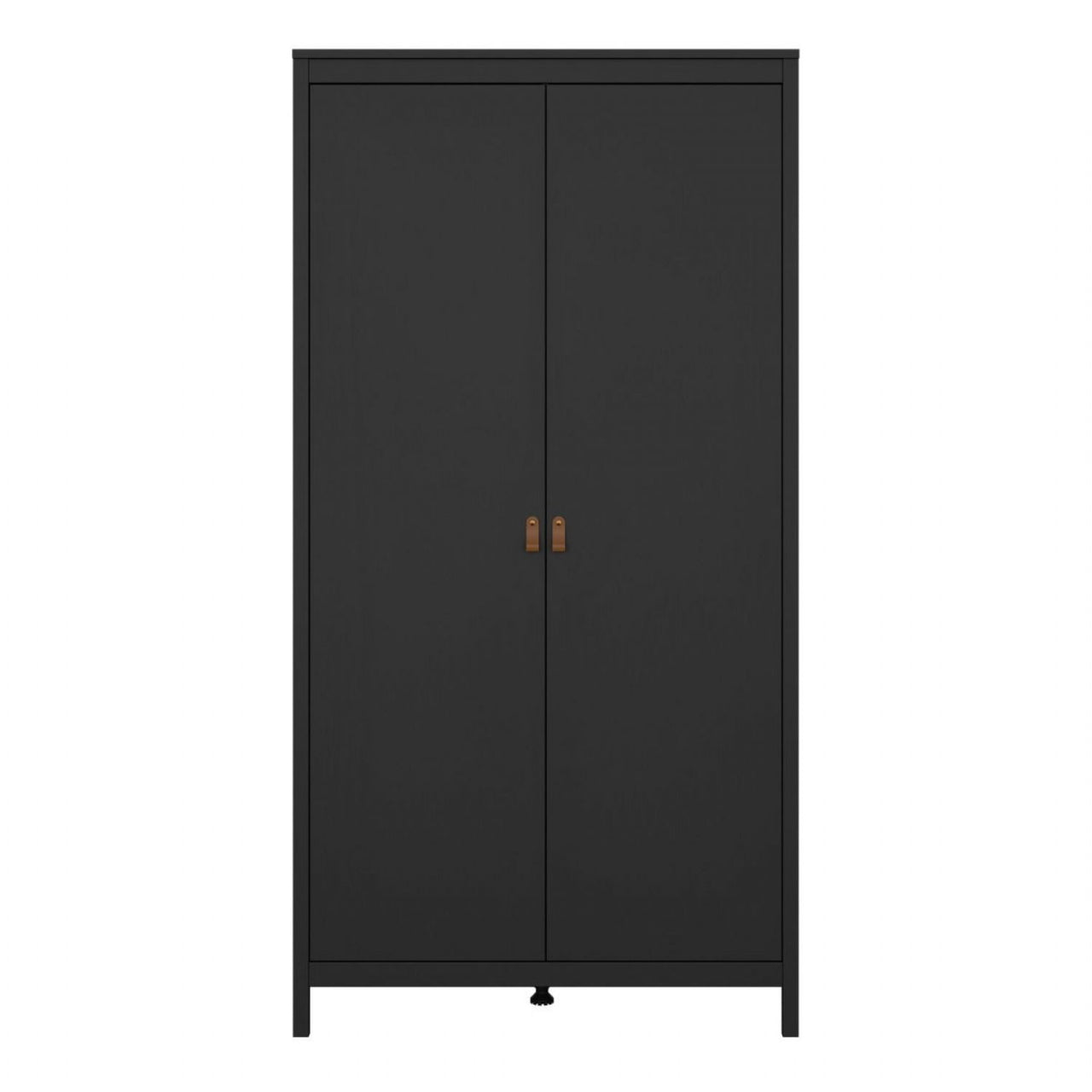 Matt Black 2 Door Double Wardrobe Brown Leather Tab Handles