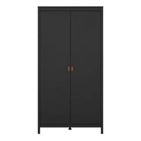 Thumbnail for Matt Black 2 Door Double Wardrobe Brown Leather Tab Handles