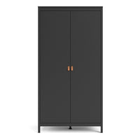 Thumbnail for Matt Black 2 Door Double Wardrobe Brown Leather Tab Handles