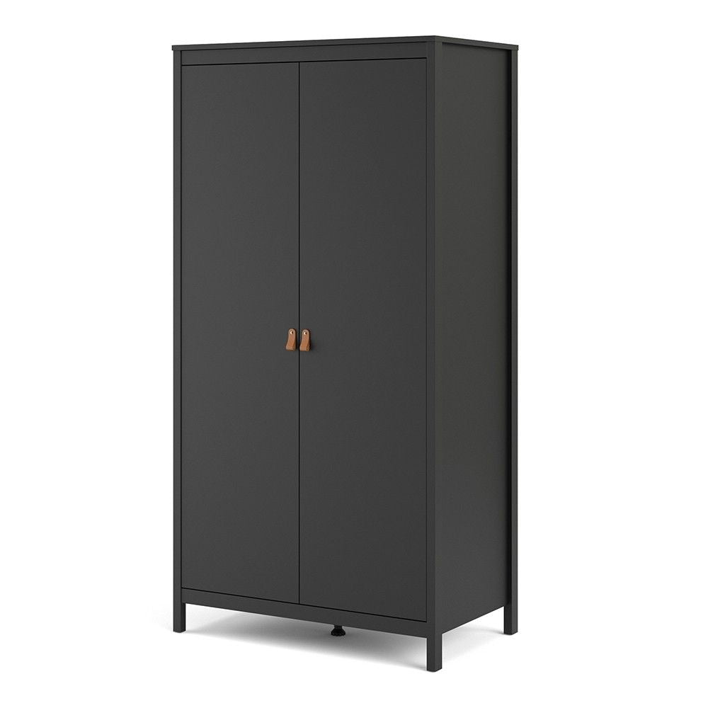 Matt Black 2 Door Double Wardrobe Brown Leather Tab Handles