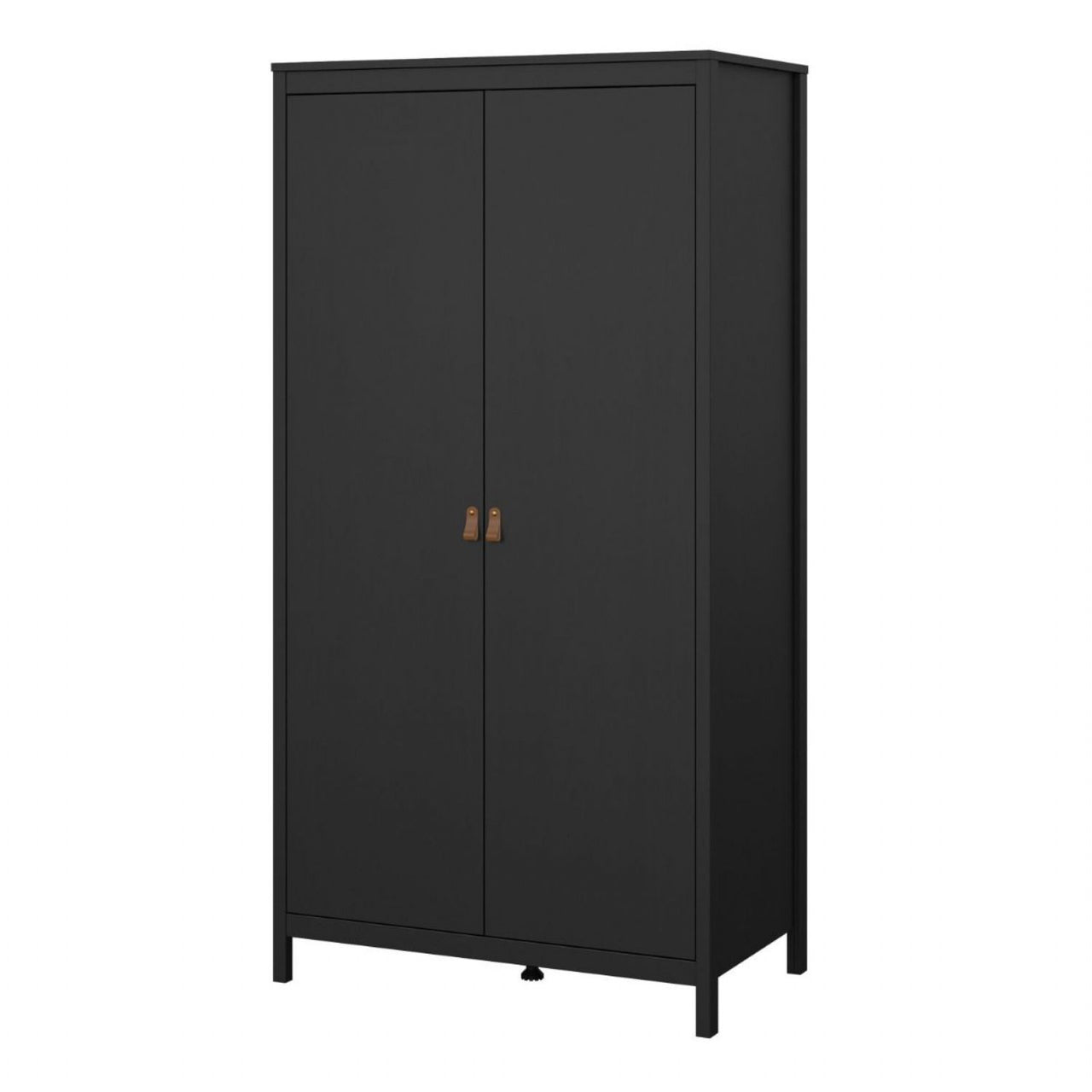 Matt Black 2 Door Double Wardrobe Brown Leather Tab Handles