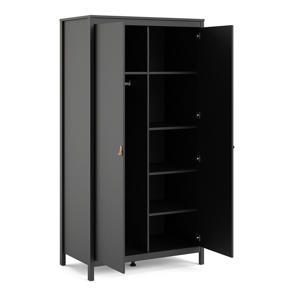 Matt Black 2 Door Double Wardrobe Brown Leather Tab Handles