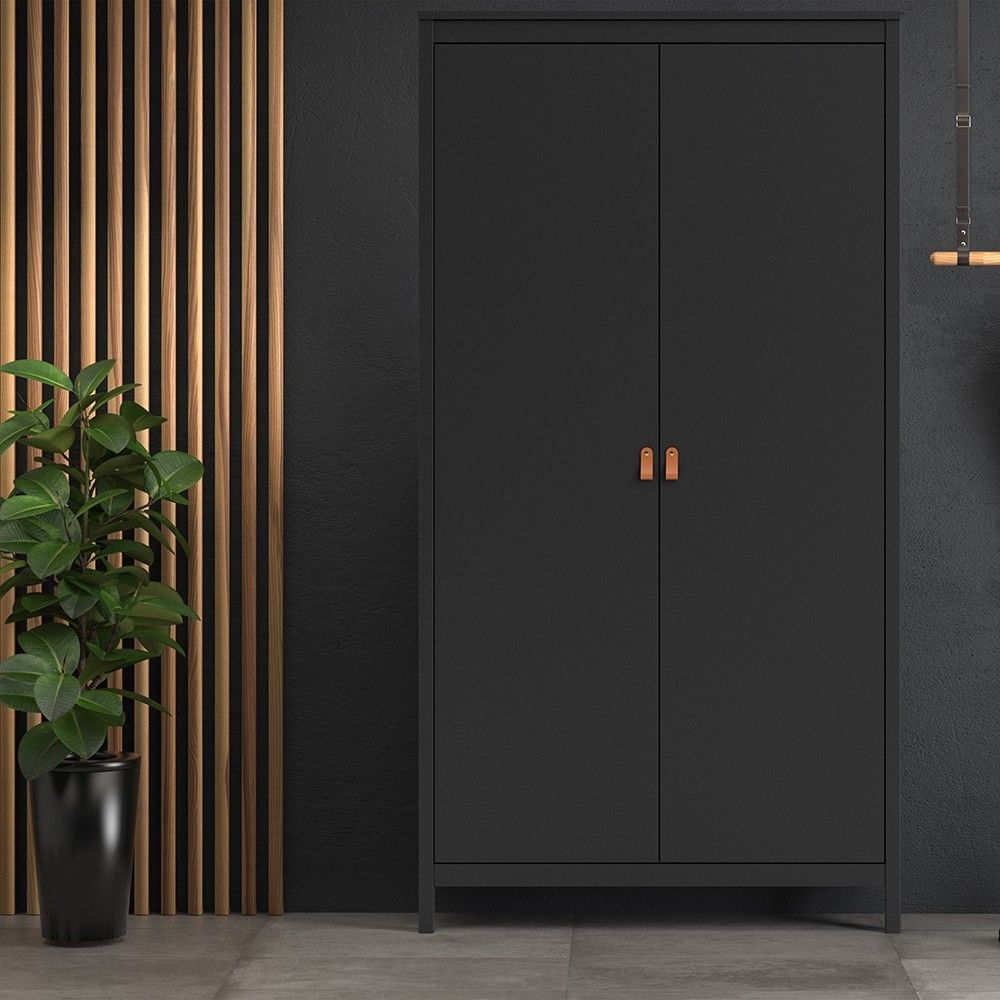 Matt Black 2 Door Double Wardrobe Brown Leather Tab Handles