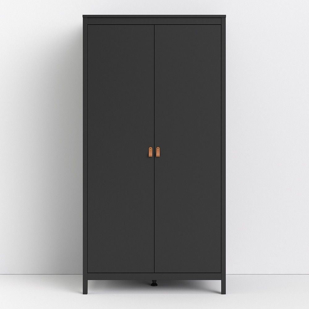 Matt Black 2 Door Double Wardrobe Brown Leather Tab Handles