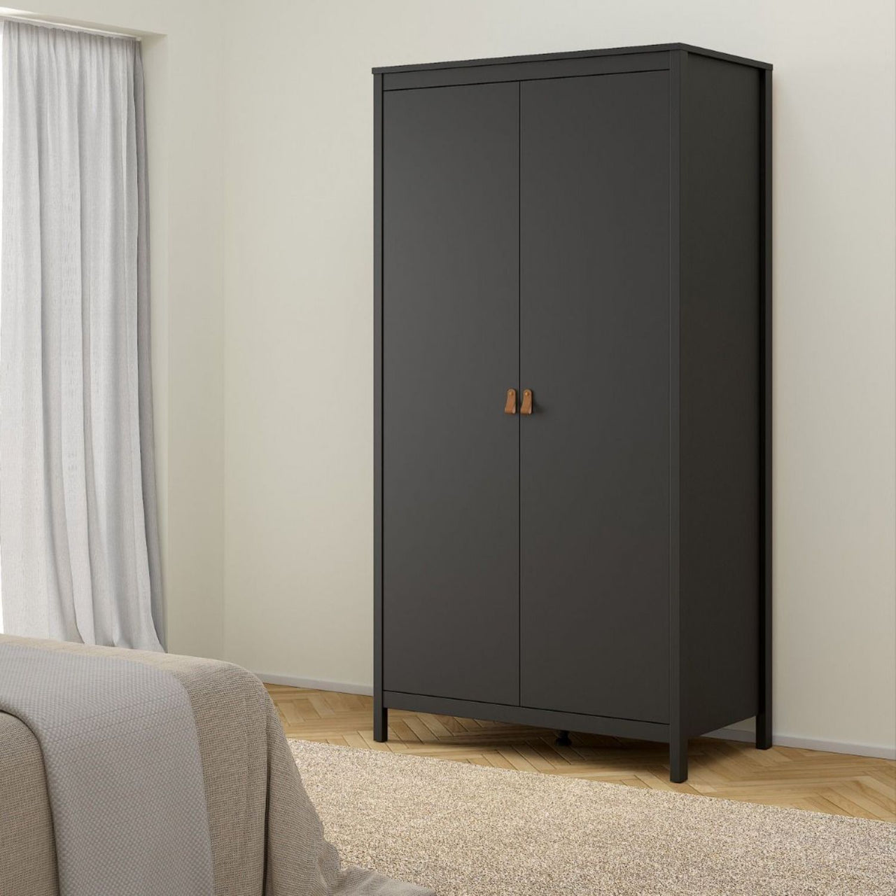 Matt Black 2 Door Double Wardrobe Brown Leather Tab Handles