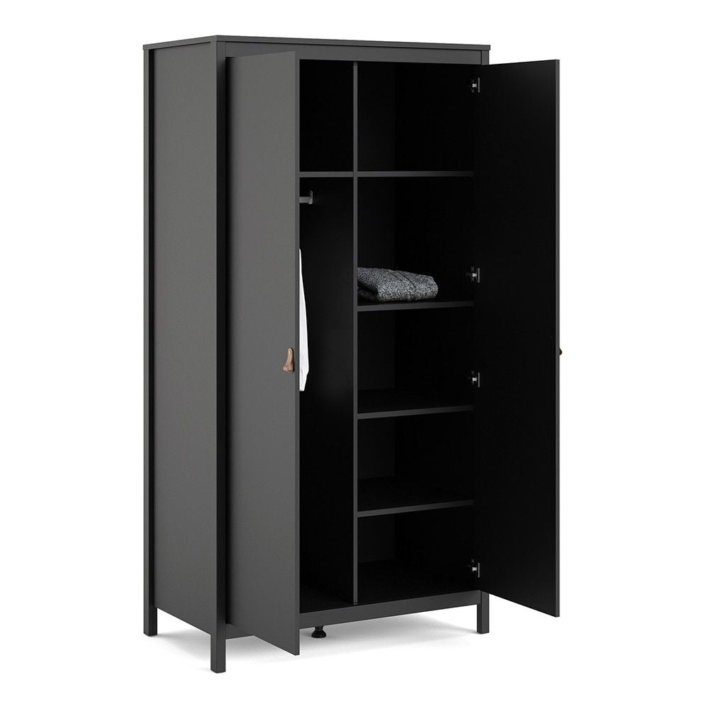 Matt Black 2 Door Double Wardrobe Brown Leather Tab Handles