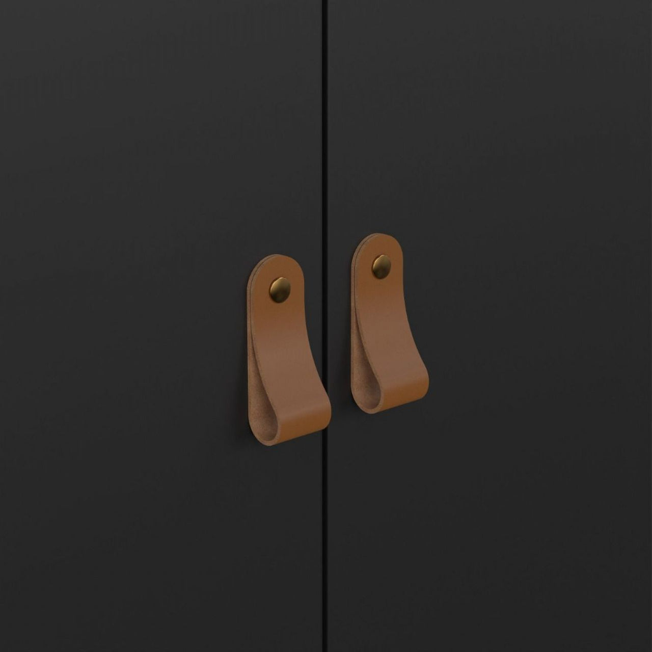 Matt Black 2 Door Double Wardrobe Brown Leather Tab Handles