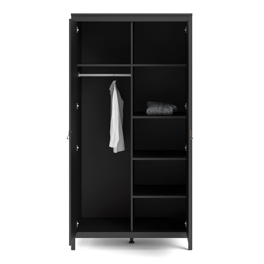 Matt Black 2 Door Double Wardrobe Brown Leather Tab Handles