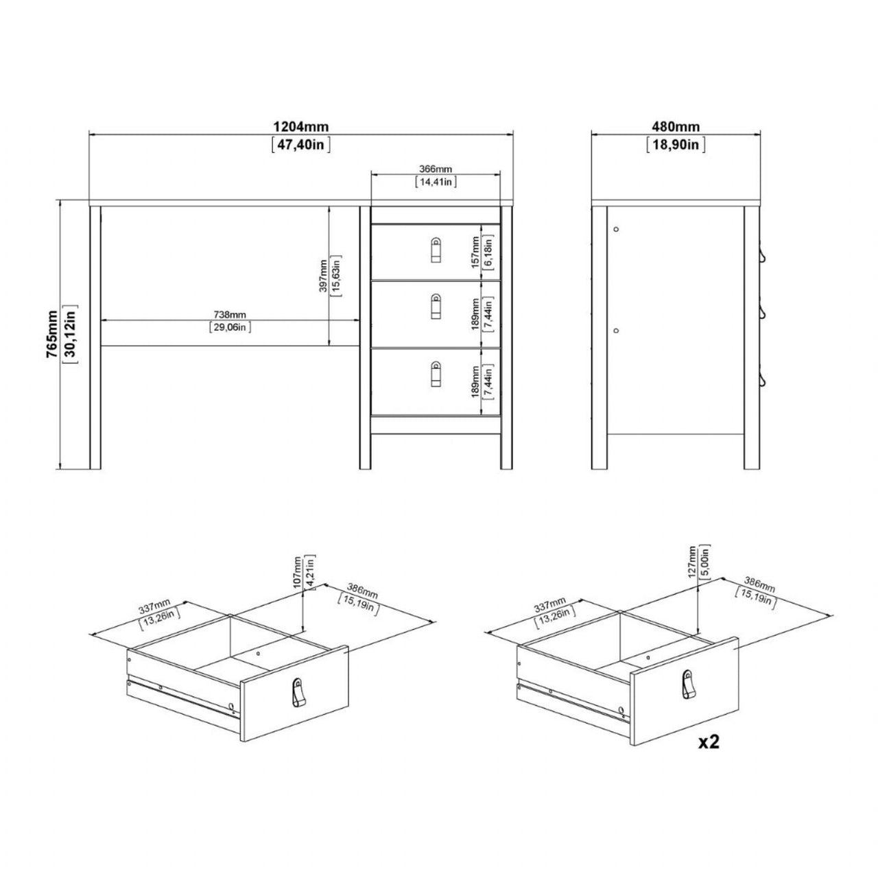 Barcelona Desk 3 drawers White