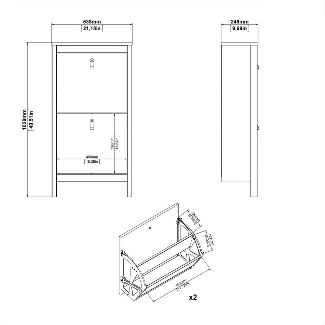 Barcelona Shoe Cabinet 2 Flap Doors in Jackson Hickory Oak