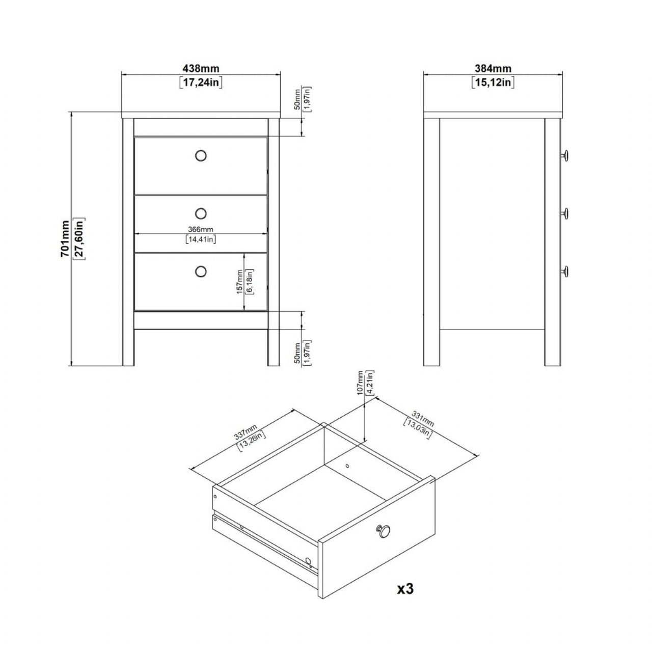 Barcelona Bedside Table 3 Drawers in White