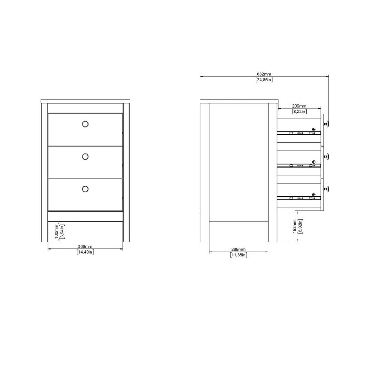 Barcelona Bedside Table 3 Drawers in White