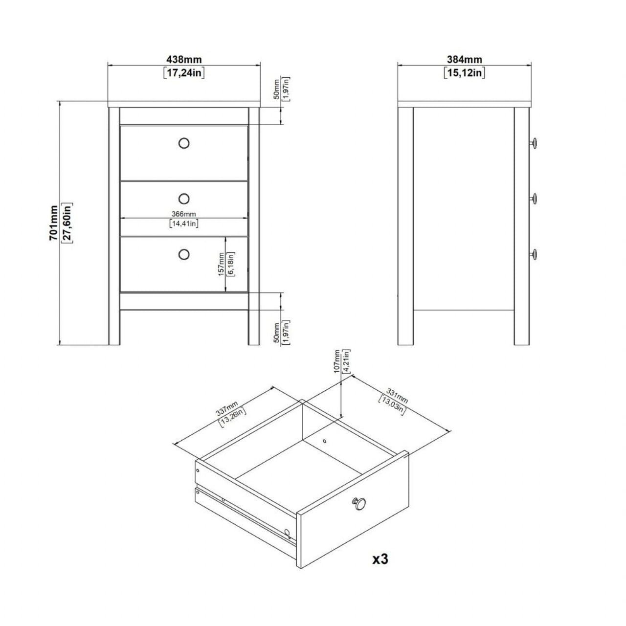 Barcelona Bedside Table 3 Drawers in Jackson Hickory Oak