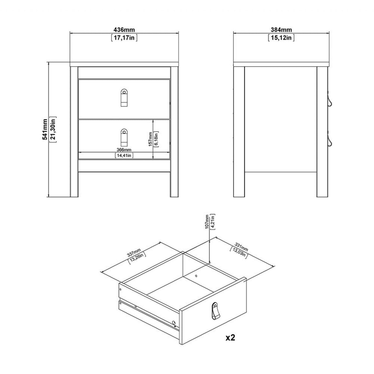 Barcelona Package Bedside Table 2 drawers + Chest 3+2 drawer + Wardrobe with 2 doors in Matt Black