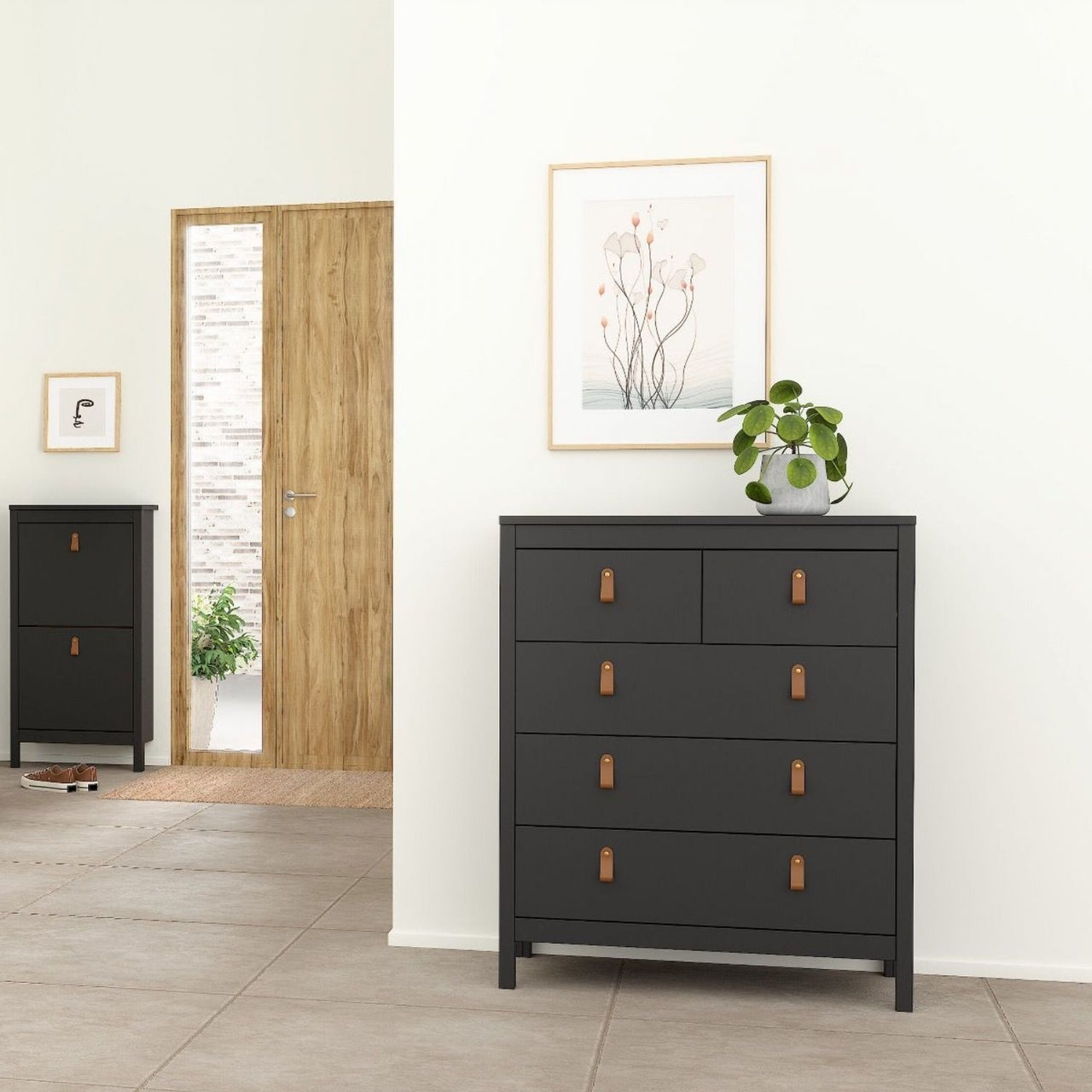 Barcelona Package Bedside Table 2 drawers + Chest 3+2 drawer + Wardrobe with 2 doors in Matt Black