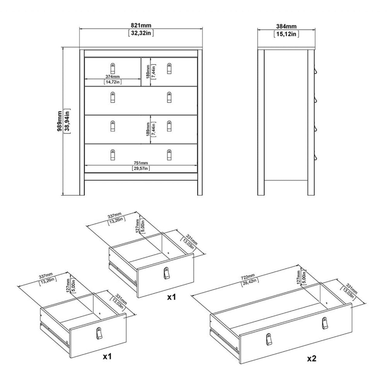 Barcelona Package Bedside Table 2 drawers + Chest 3+2 drawer + Wardrobe with 2 doors in Matt Black