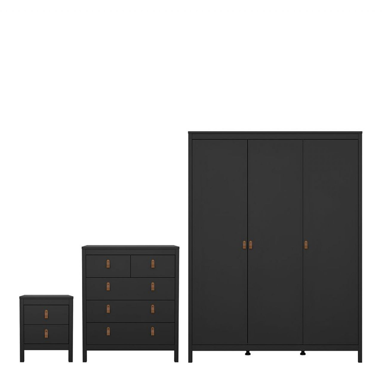 Barcelona Package Bedside Table 2 drawers + Chest 3+2 drawer + Wardrobe with 3 doors in Matt Black