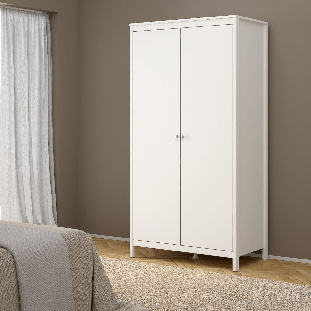 Madrid Package Bedside Table 2 drawers + Chest 3+2 drawer + Wardrobe with 2 doors in White