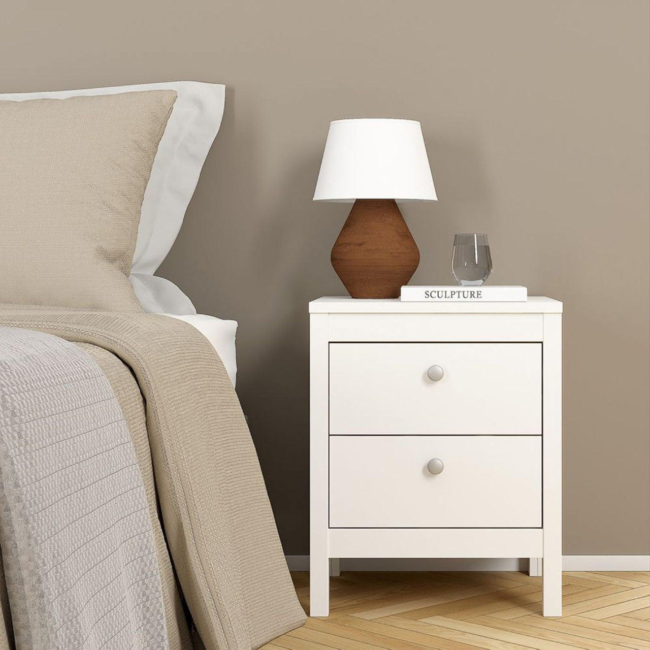 Madrid Package Bedside Table 2 drawers + Chest 3+2 drawer + Wardrobe with 2 doors in White