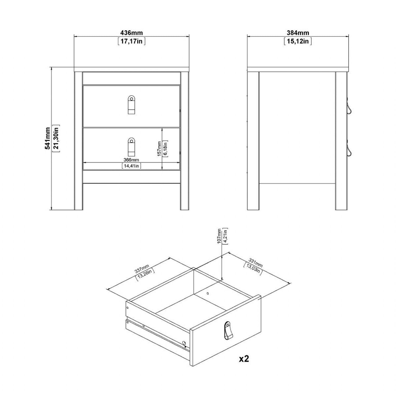 Madrid Package Bedside Table 2 drawers + Chest 3+2 drawer + Wardrobe with 2 doors in White