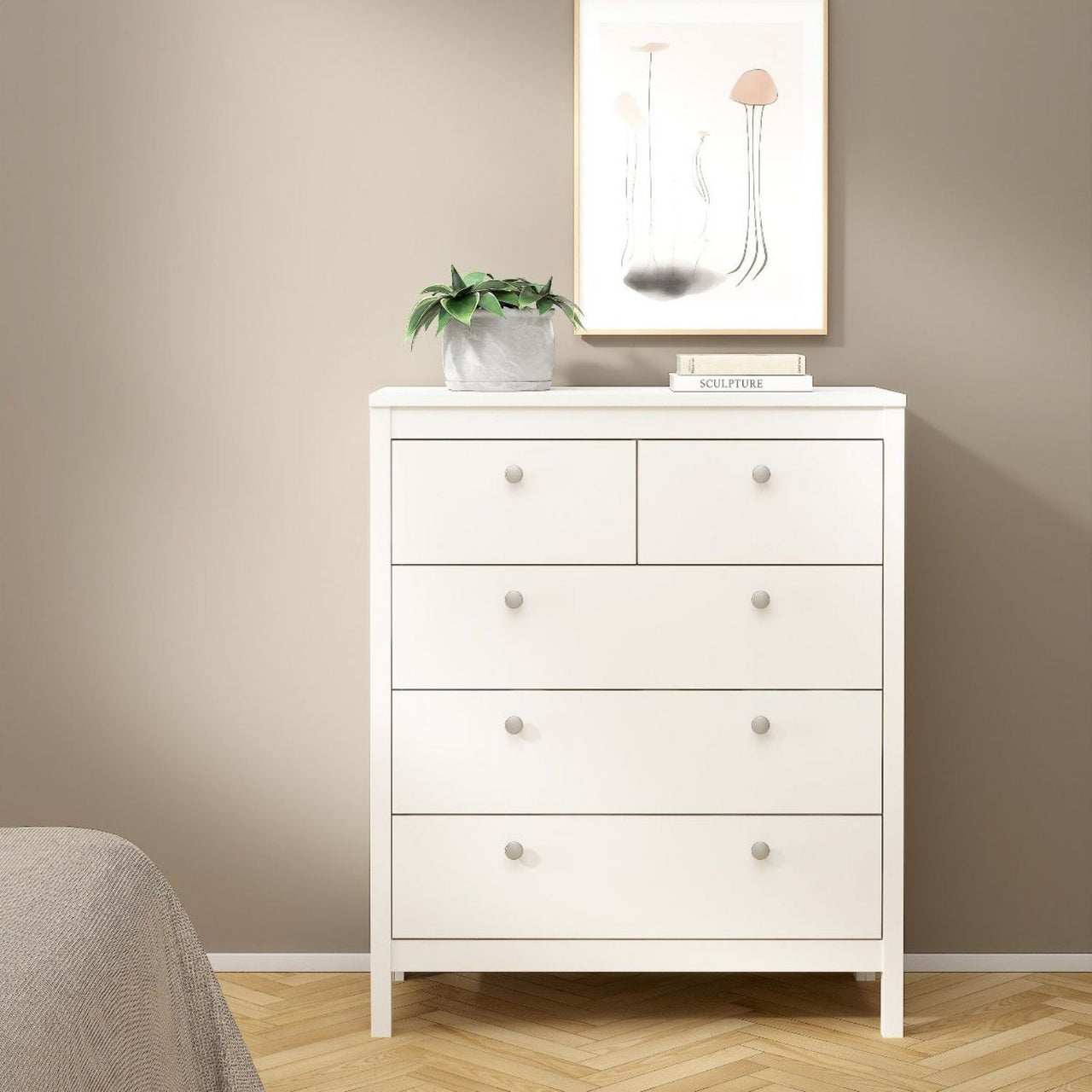 Madrid Package Bedside Table 2 drawers + Chest 3+2 drawer + Wardrobe with 2 doors in White