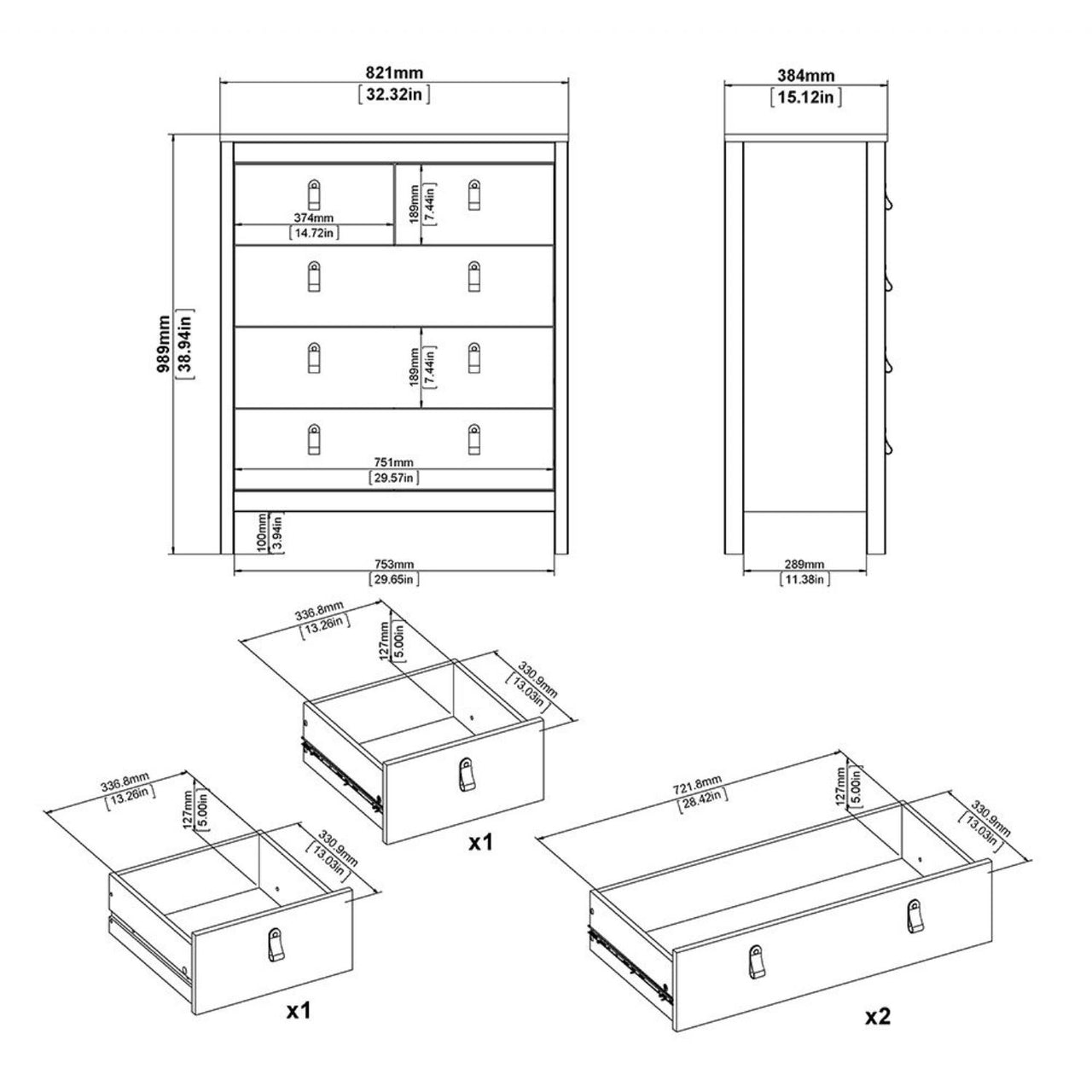 Madrid Package Bedside Table 2 drawers + Chest 3+2 drawer + Wardrobe with 2 doors in White