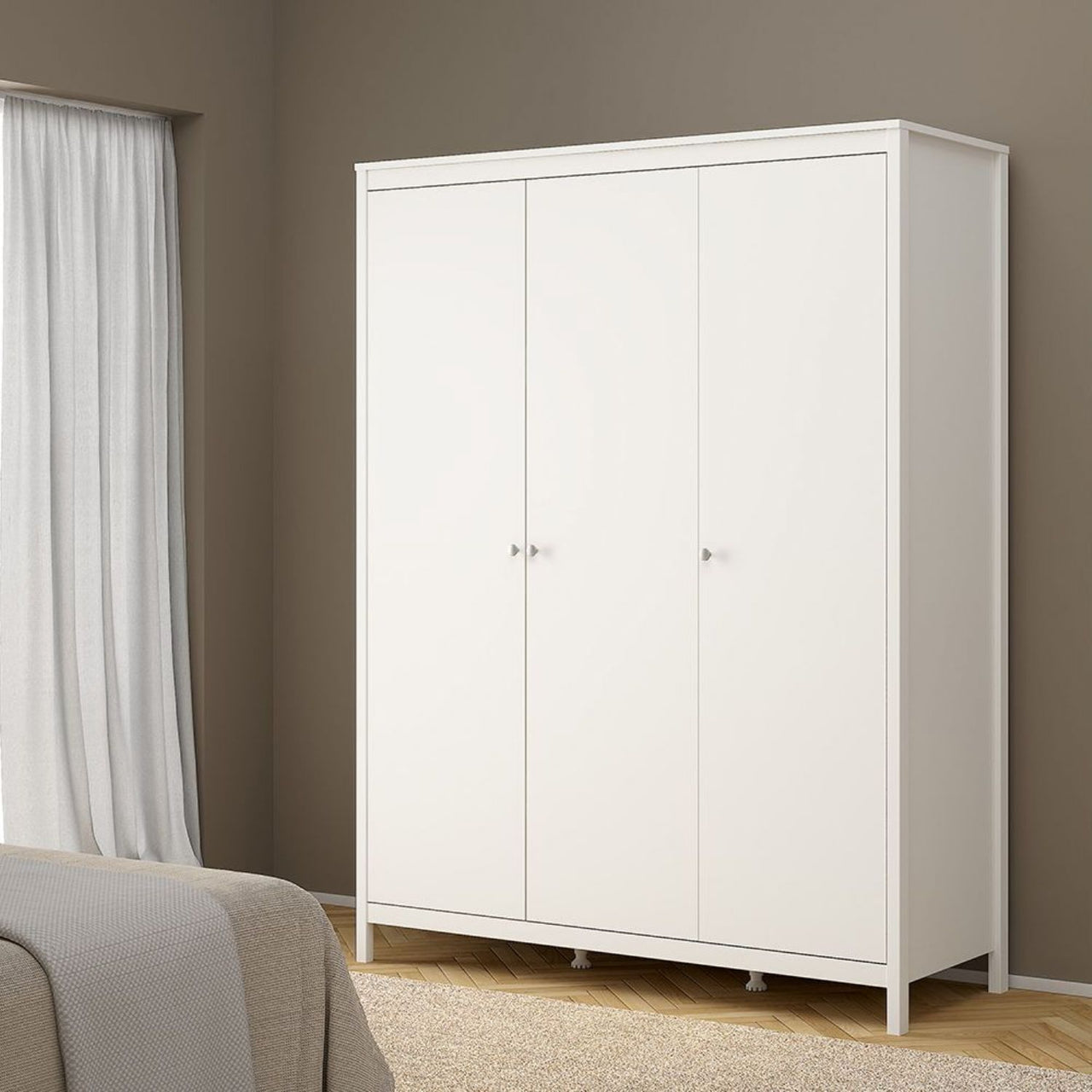 Madrid Package Bedside Table 2 drawers + Chest 3+2 drawer + Wardrobe with 3 doors in White