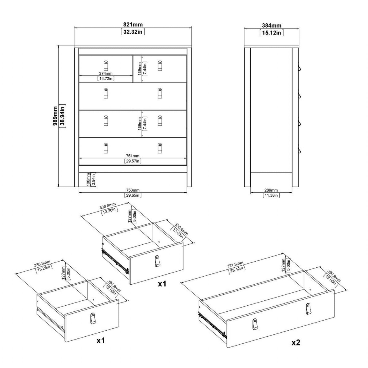 Madrid Package Bedside Table 2 drawers + Chest 3+2 drawer + Wardrobe with 3 doors in White