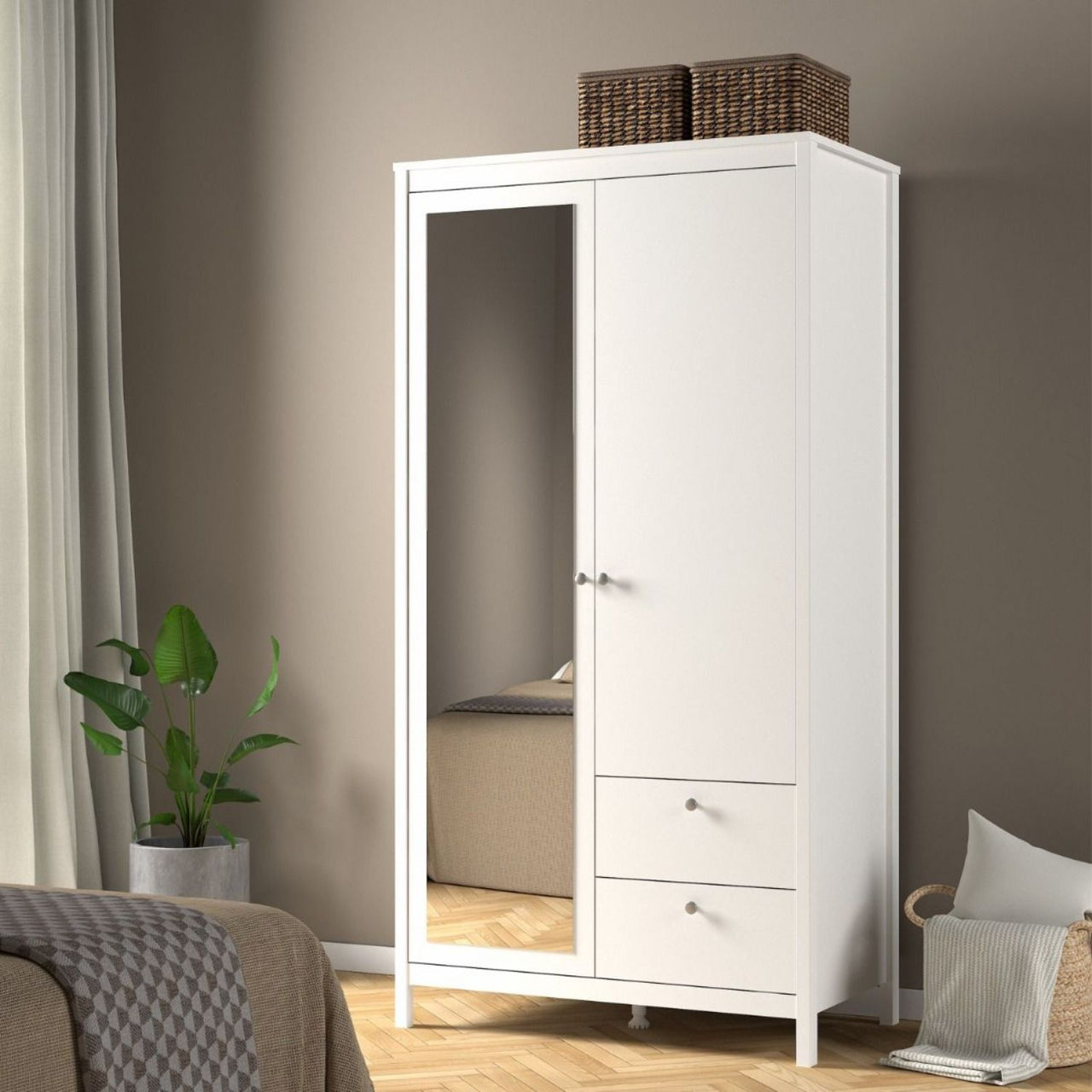 Madrid Wardrobe with 1 door 1 mirror door + 2 drawers White