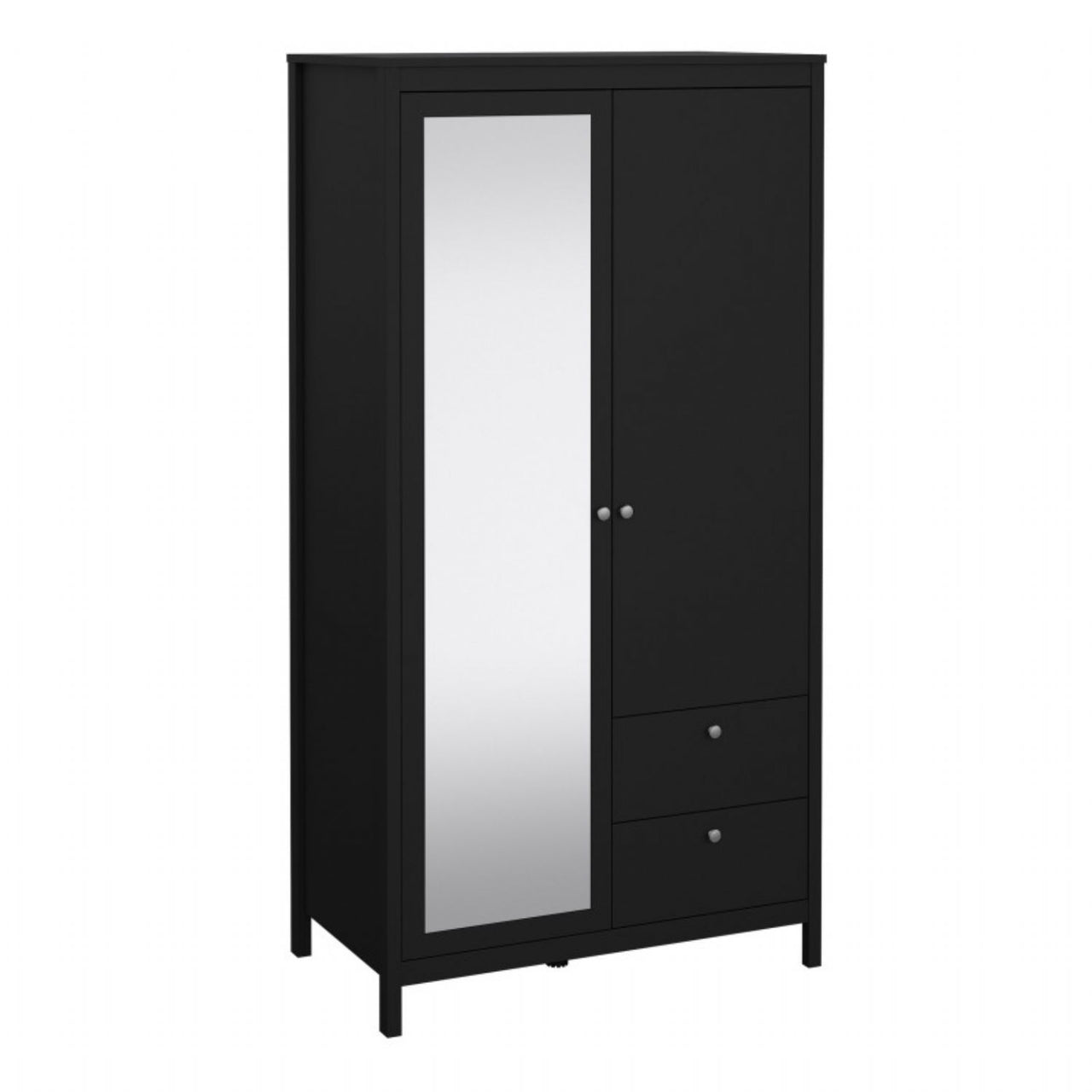 Madrid Wardrobe with 1 door 1 mirror door + 2 drawers Matt Black