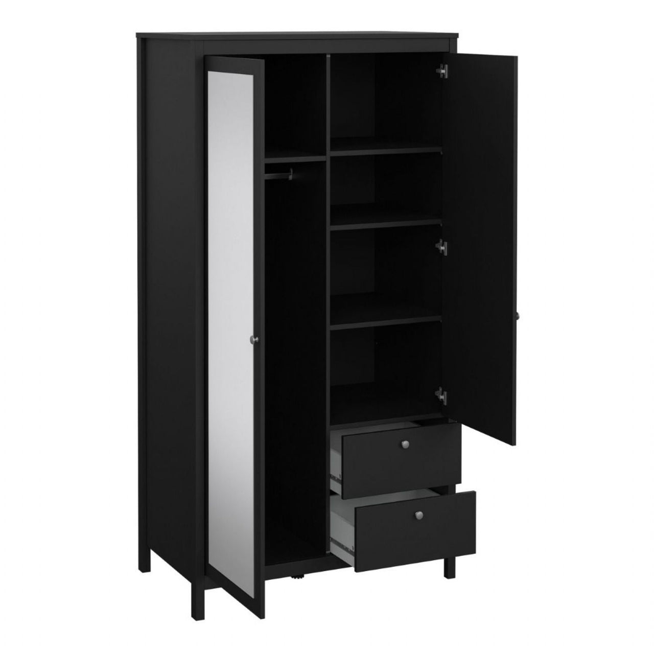 Madrid Wardrobe with 1 door 1 mirror door + 2 drawers Matt Black