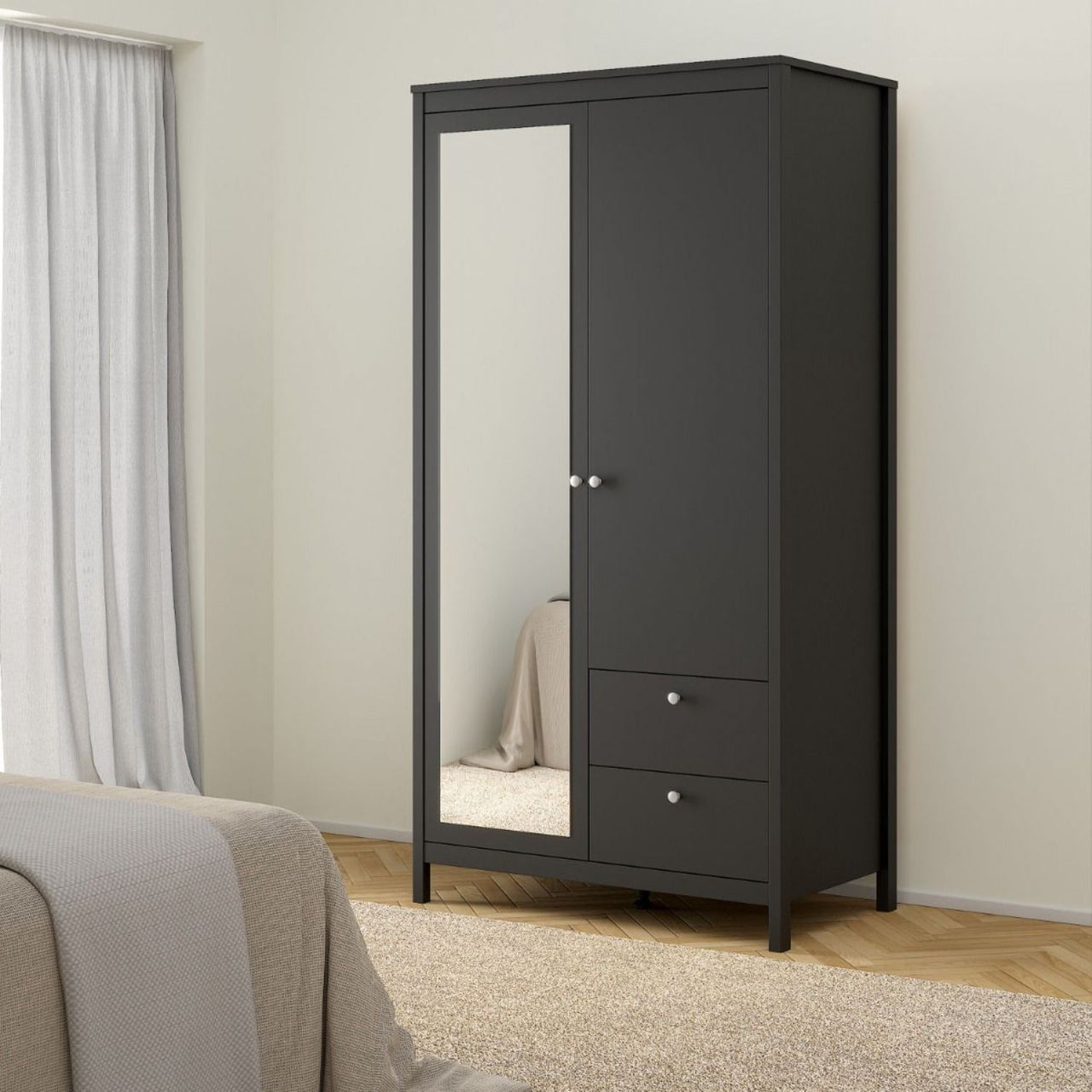 Madrid Wardrobe with 1 door 1 mirror door + 2 drawers Matt Black